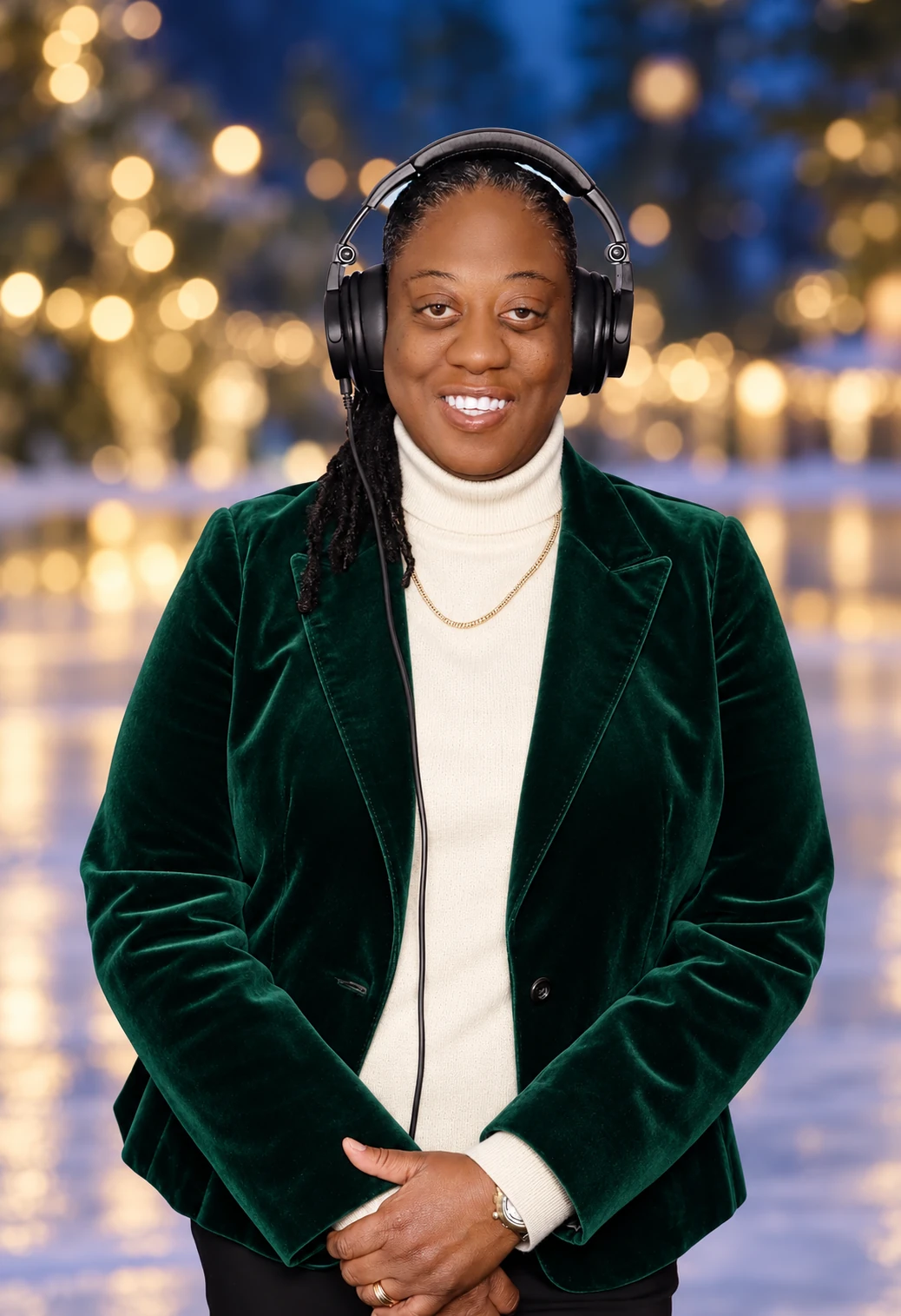 DJ JJ Rock in an emerald-green blazer and headphones