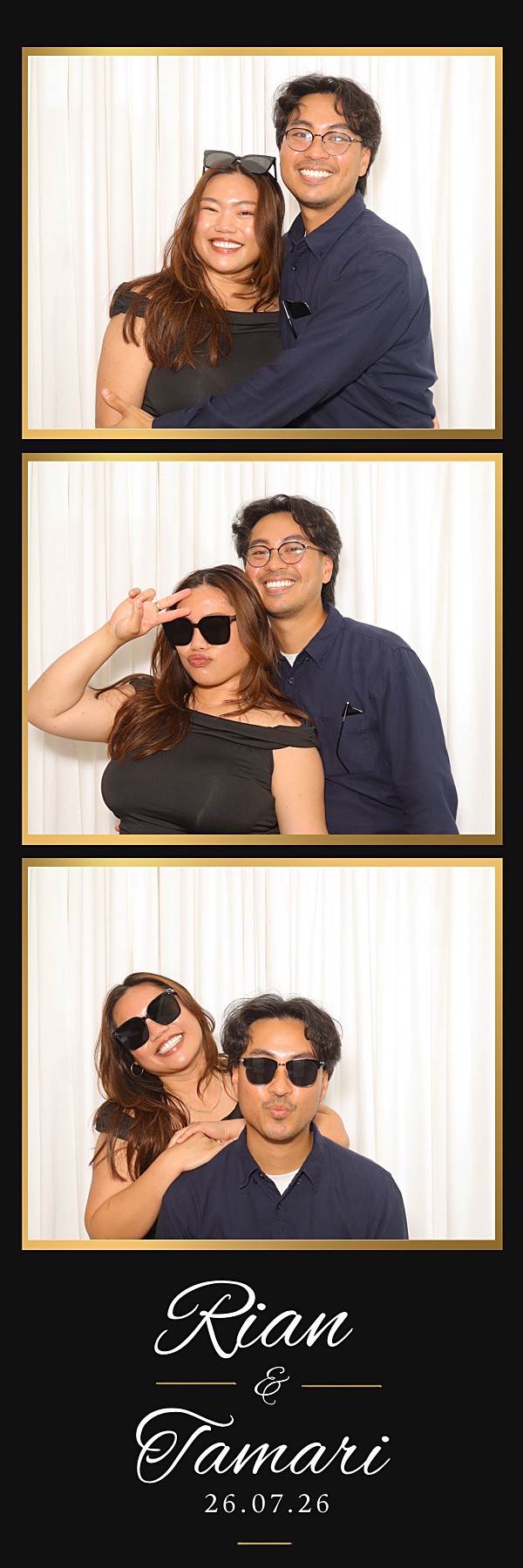 Three-frame wedding photo strip of two smiling guests at Rian and Tamari’s wedding