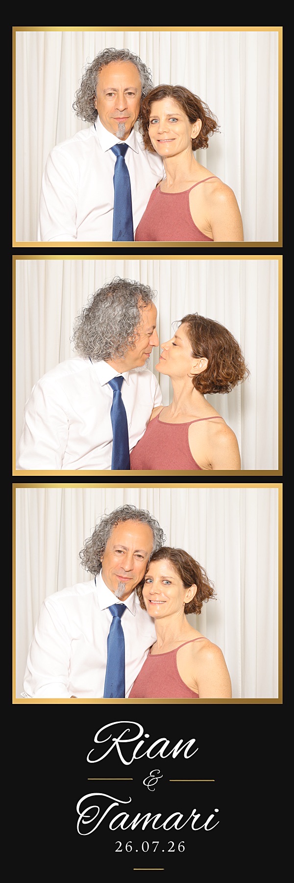 Three-frame wedding photo strip of two guests at Rian and Tamari’s wedding