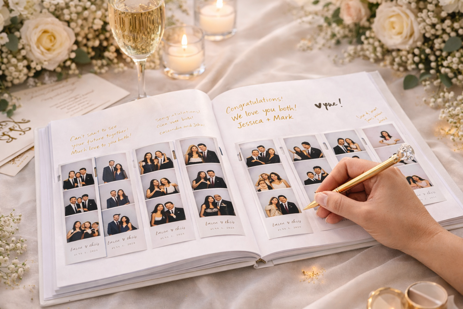 Guestbook styling example with photo strips and handwritten wedding messages